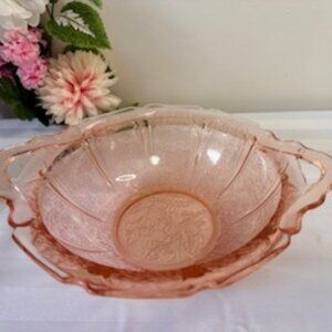 Jeannette Glass Cherry‎ Blossom Depression Glass Bowl Pink Two-Handled Serving